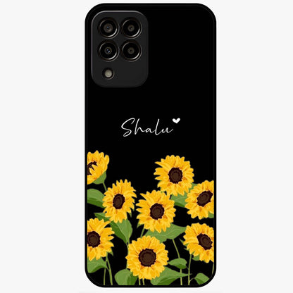 Sunflower Chic Mood Custom Name Glass Case showing flat back view with stylish sunflower artwork and personalized name design.