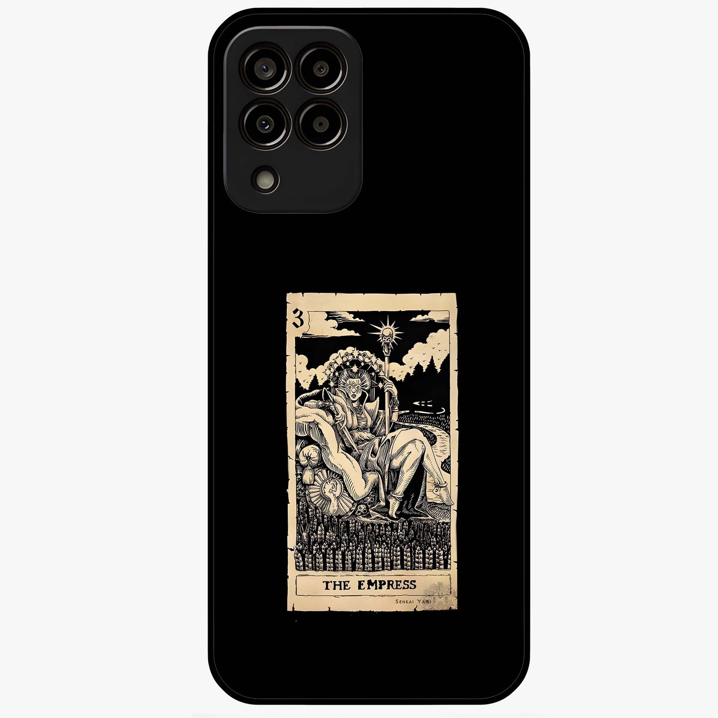 The Empress Glass Case showing flat back view with regal feminine artwork and glossy glass finish.