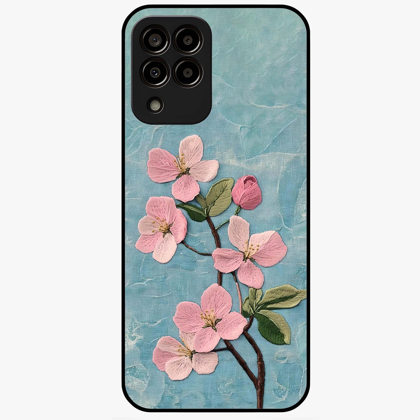 Threaded Blossom Breeze Glass Case showing flat back view with delicate blossom artwork and glossy glass finish.
