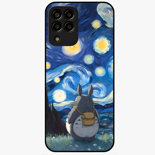 Totoro In Van Gogh Art Glass Case showing flat back view with whimsical character artwork inspired by Van Gogh style and glossy glass finish.
