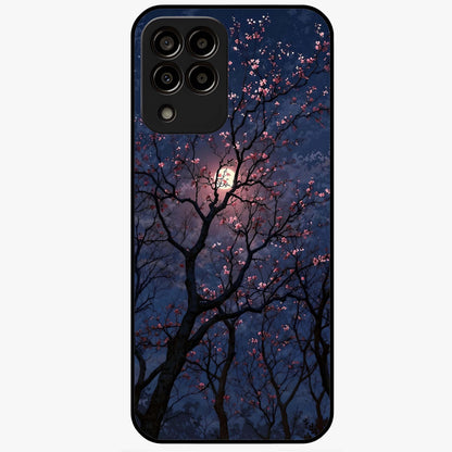 Twilight Sakura Serenade Glass Case showing flat back view with cherry blossom artwork at twilight and glossy glass finish.
