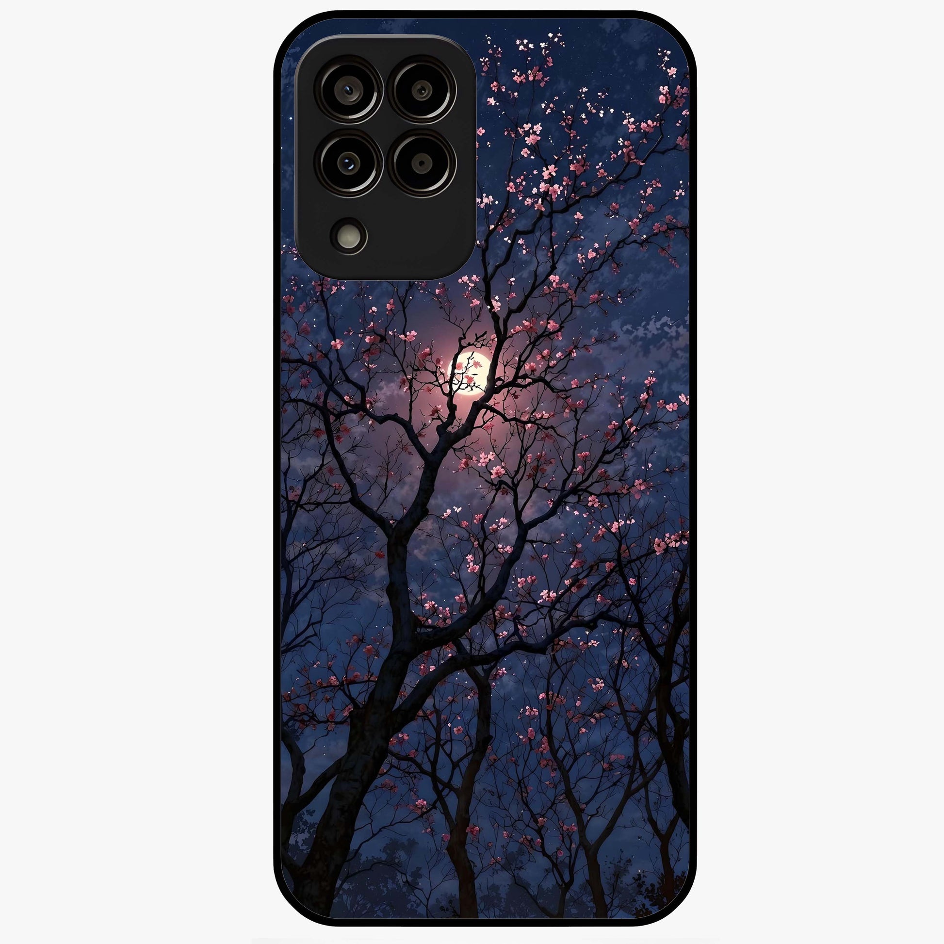 Twilight Sakura Serenade Glass Case showing flat back view with cherry blossom artwork at twilight and glossy glass finish.