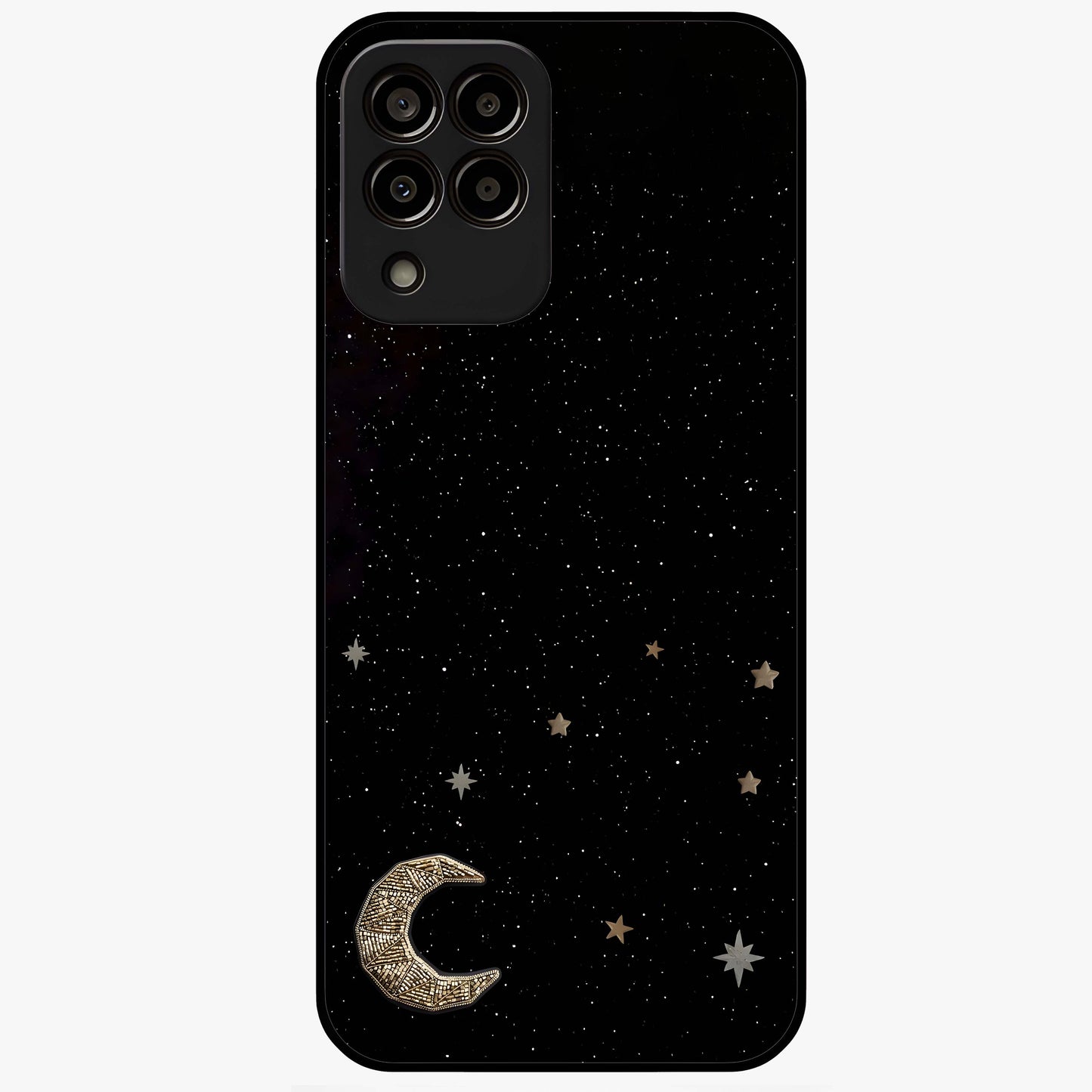 Twinkle Star With Half Moon Glass Case showing flat back view with star and half moon artwork and glossy glass finish.