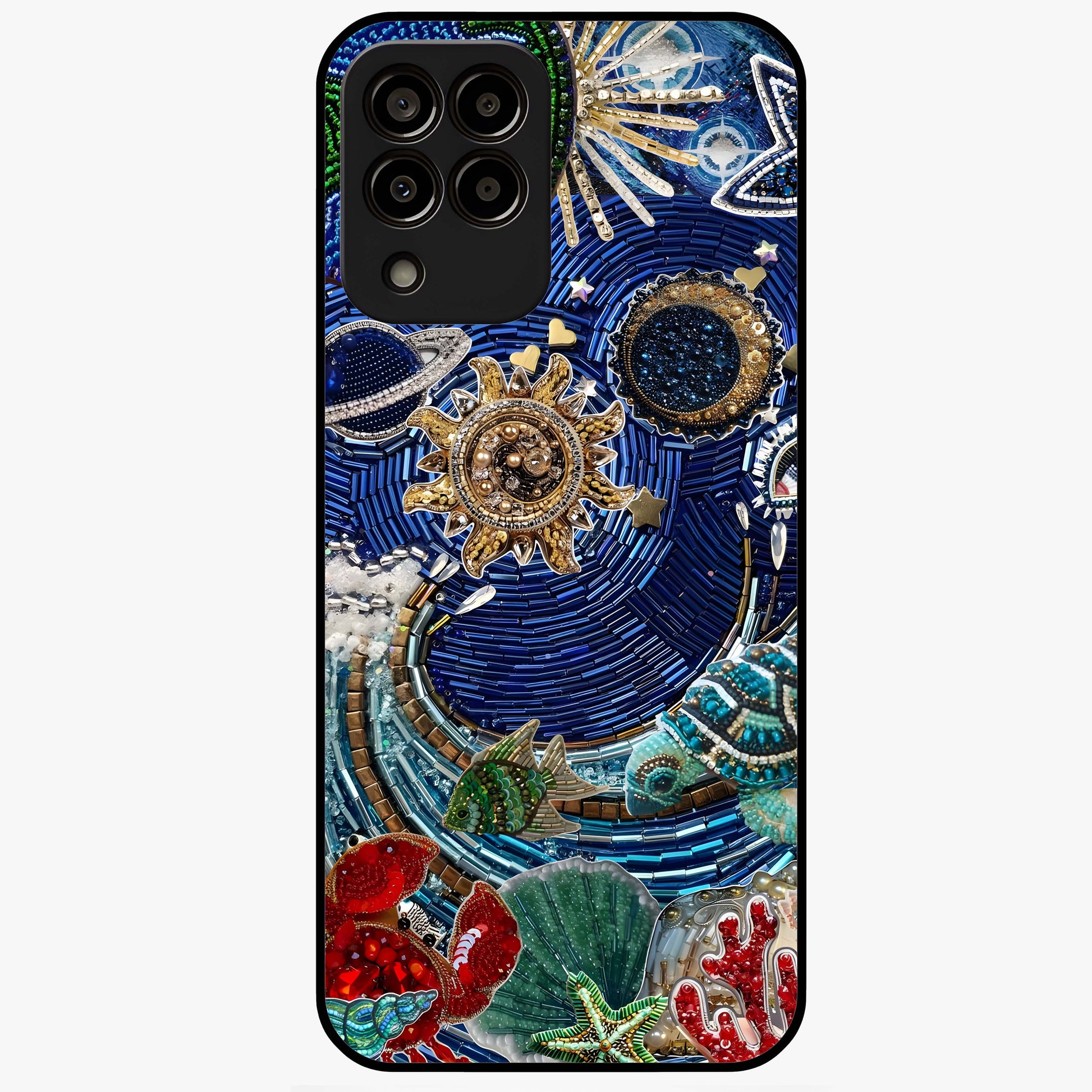 Universe Underwater Spark Glass Case showing flat back view with cosmic underwater themed artwork and glossy glass finish.