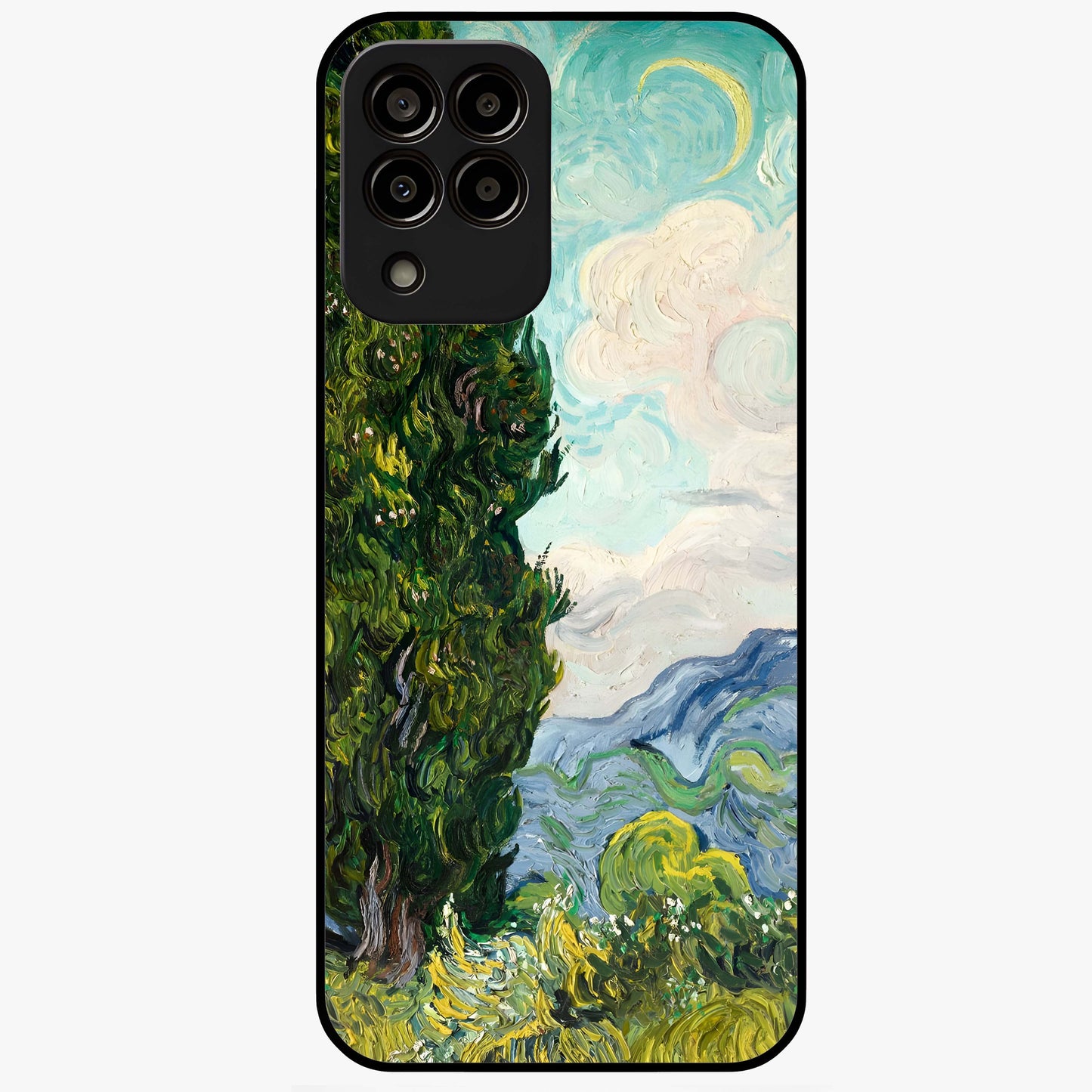 Van Gogh Vintage Art Glass Case showing flat back view with vintage painterly artwork inspired by Van Gogh style and glossy glass finish.
