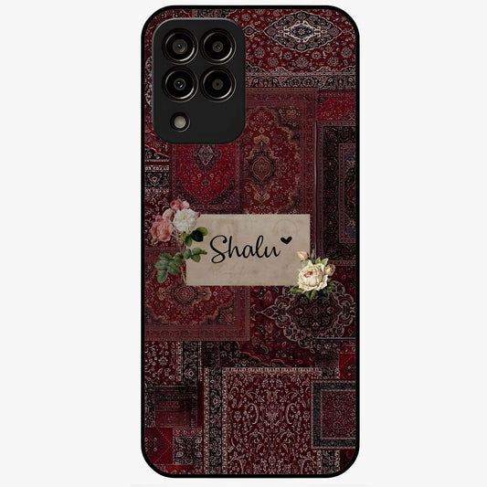 Velvet Wine Pattern Custom Name Glass Case showing flat back view with elegant wine colored pattern artwork and personalized name design.