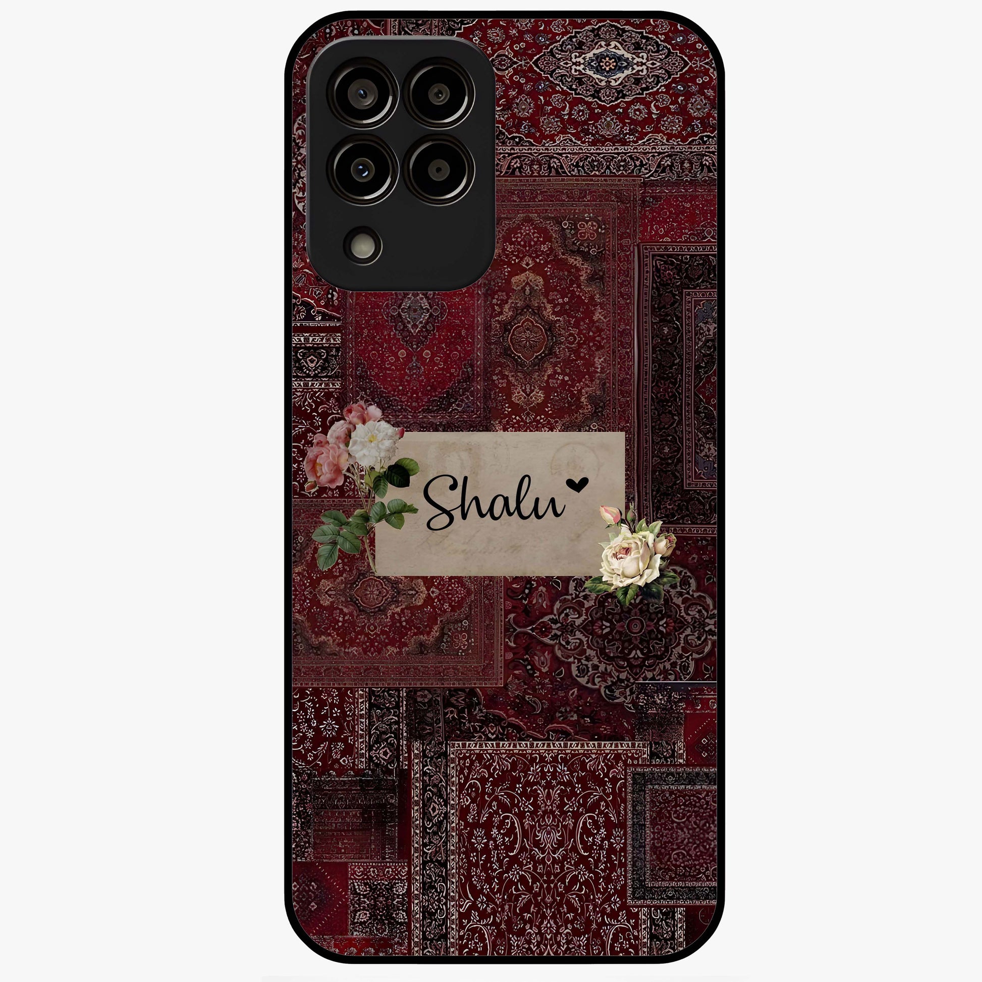 Velvet Wine Pattern Custom Name Glass Case showing flat back view with elegant wine colored pattern artwork and personalized name design.