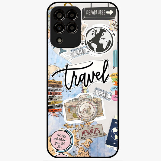 Wanderlust Journal Glass Case showing flat back view with travel inspired artwork and glossy glass finish.