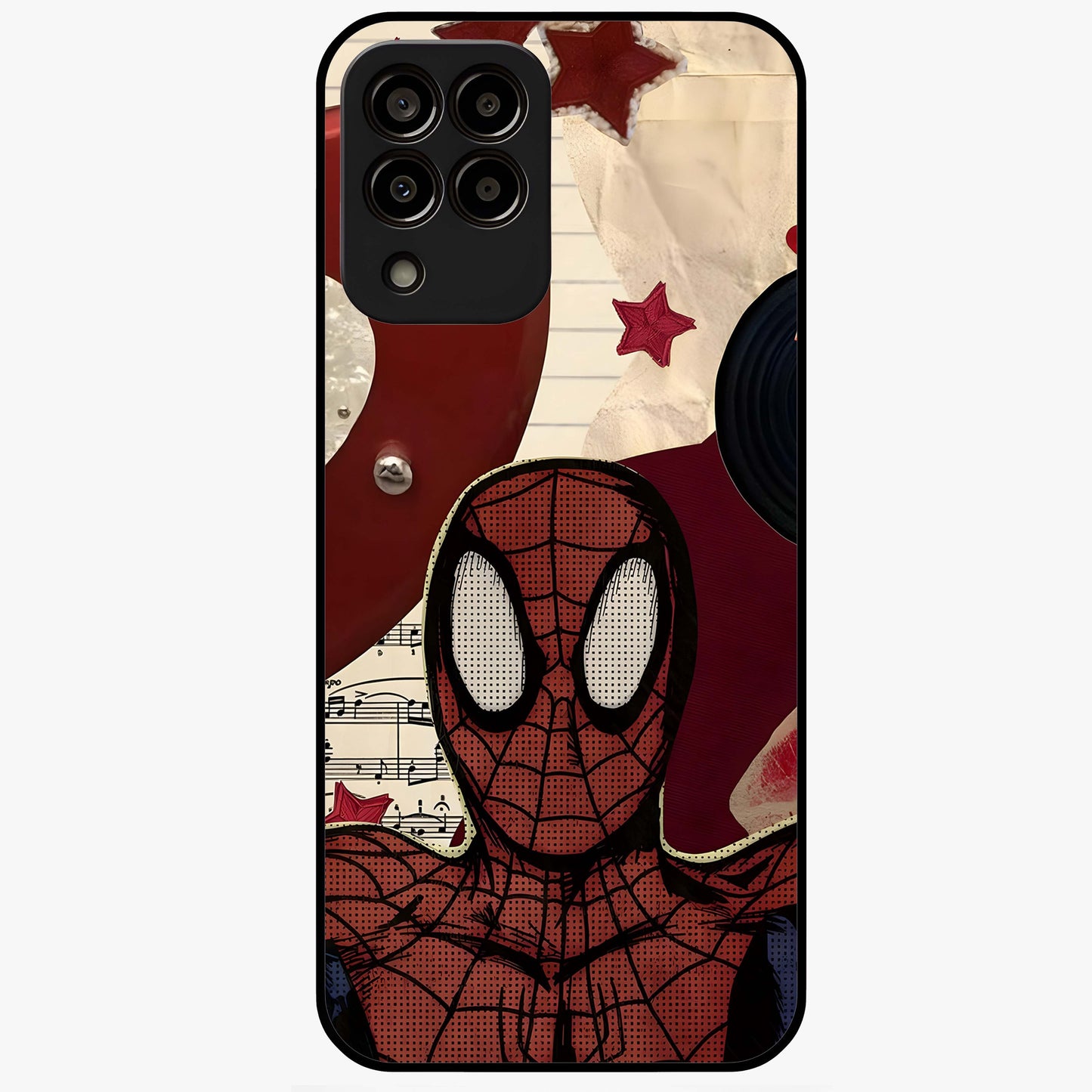 Web Warrior Vibes Glass Case showing flat back view with superhero inspired web themed artwork and glossy glass finish.