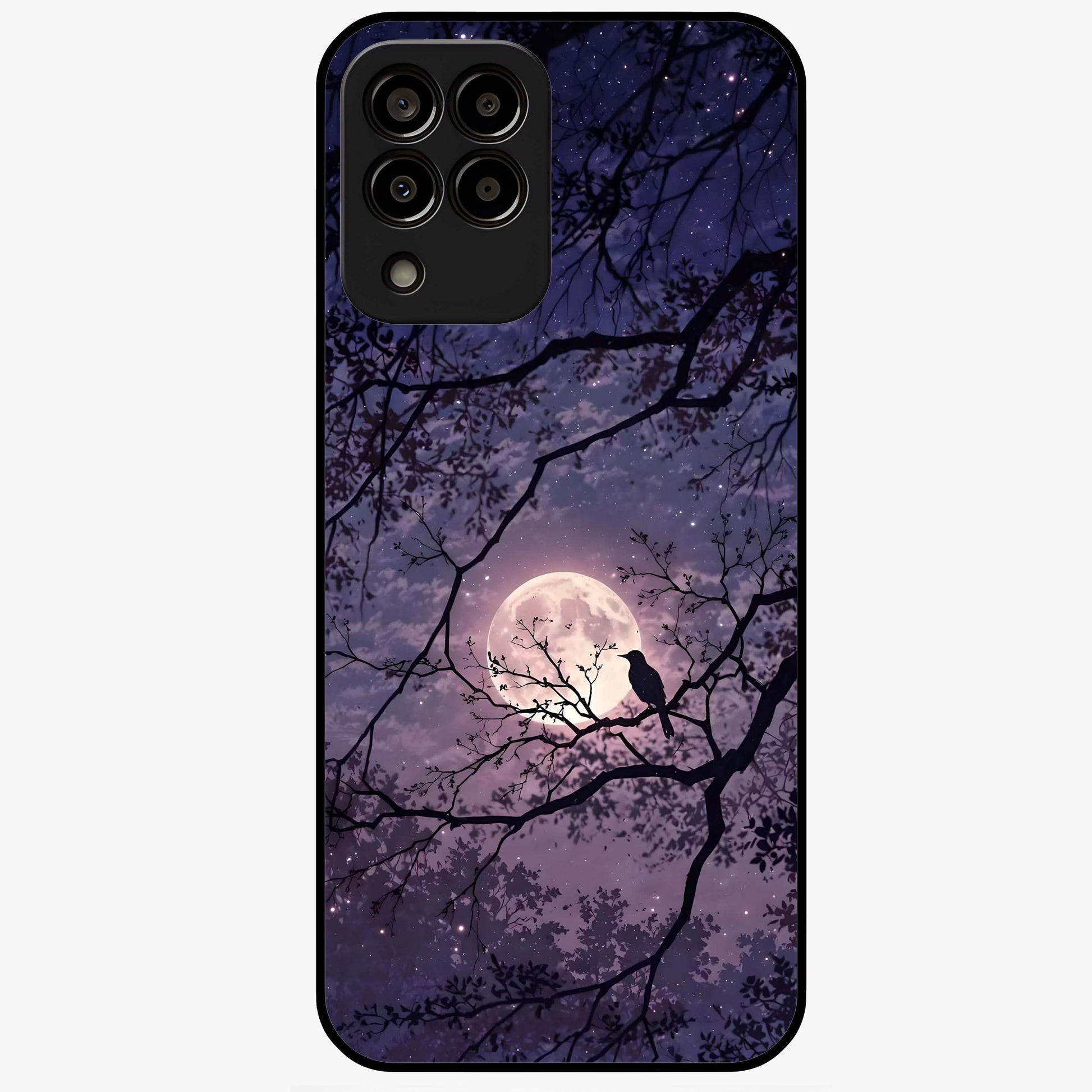 Whispering Moon Silence Glass Case showing flat back view with serene moon themed artwork and glossy glass finish.
