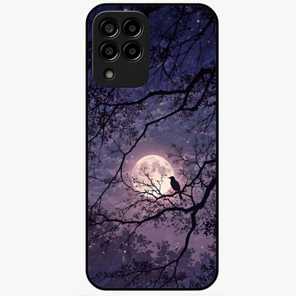 Whispering Moon Silence Glass Case showing flat back view with serene moon themed artwork and glossy glass finish.