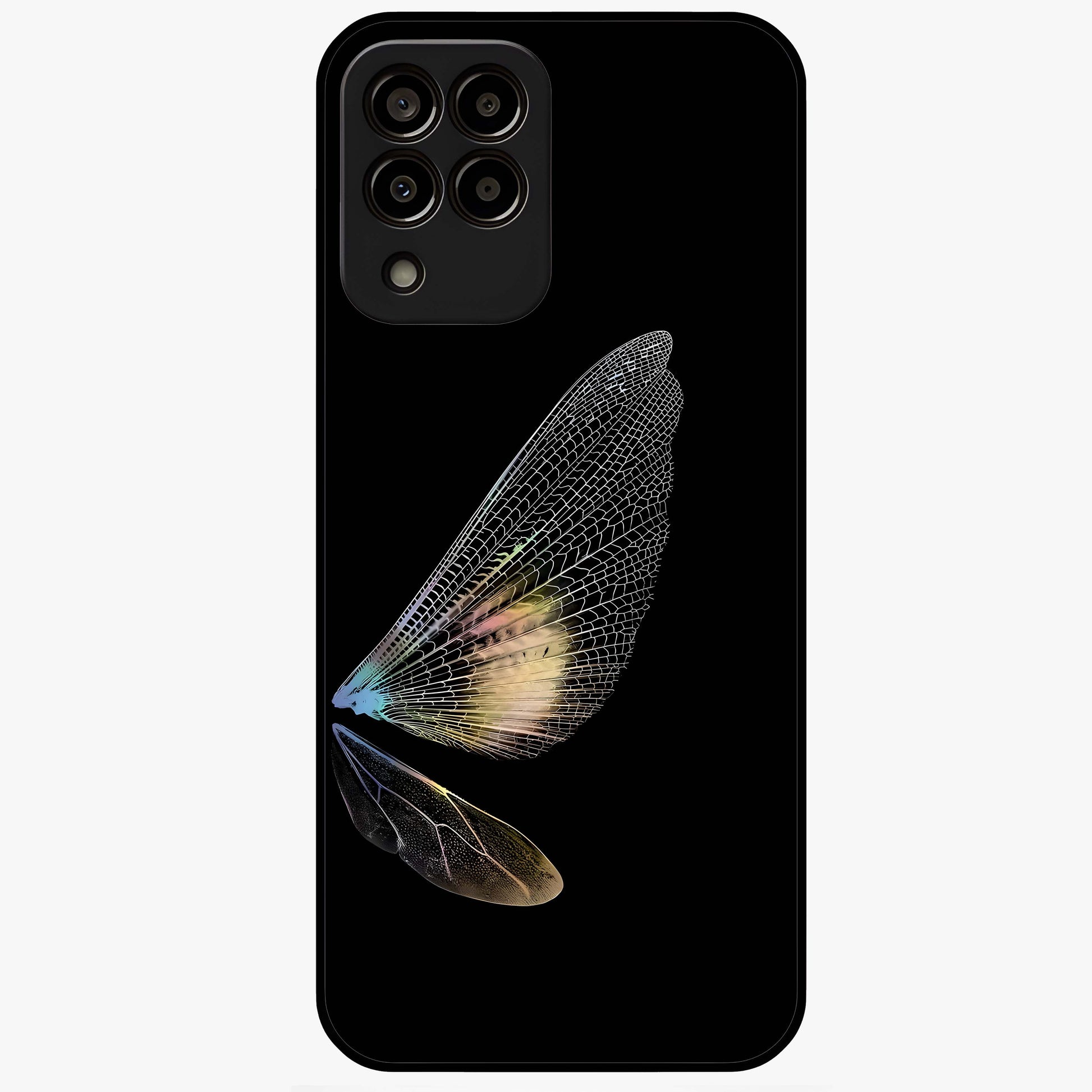 Whispers Of Wings Glass Case showing flat back view with graceful wing inspired artwork and glossy glass finish.