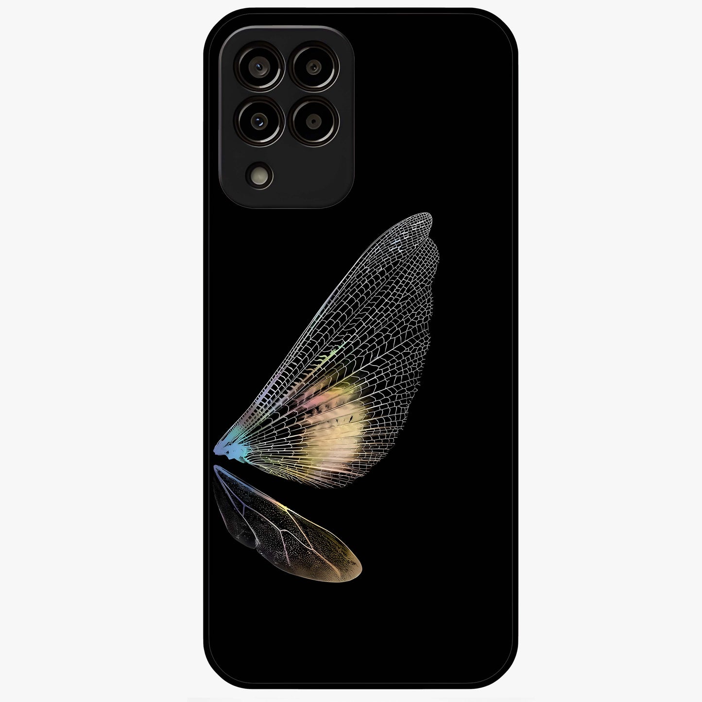 Whispers Of Wings Glass Case showing flat back view with graceful wing inspired artwork and glossy glass finish.
