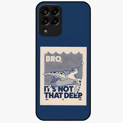 Worry Less Swim Glass Case showing flat back view with playful motivational artwork and glossy glass finish.