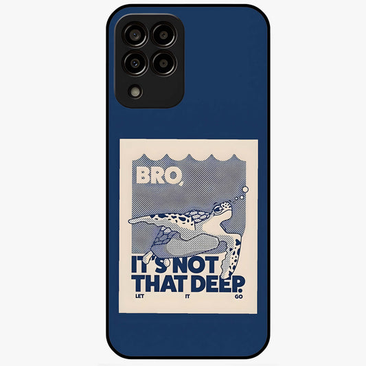 Worry Less Swim Glass Case showing flat back view with playful motivational artwork and glossy glass finish.