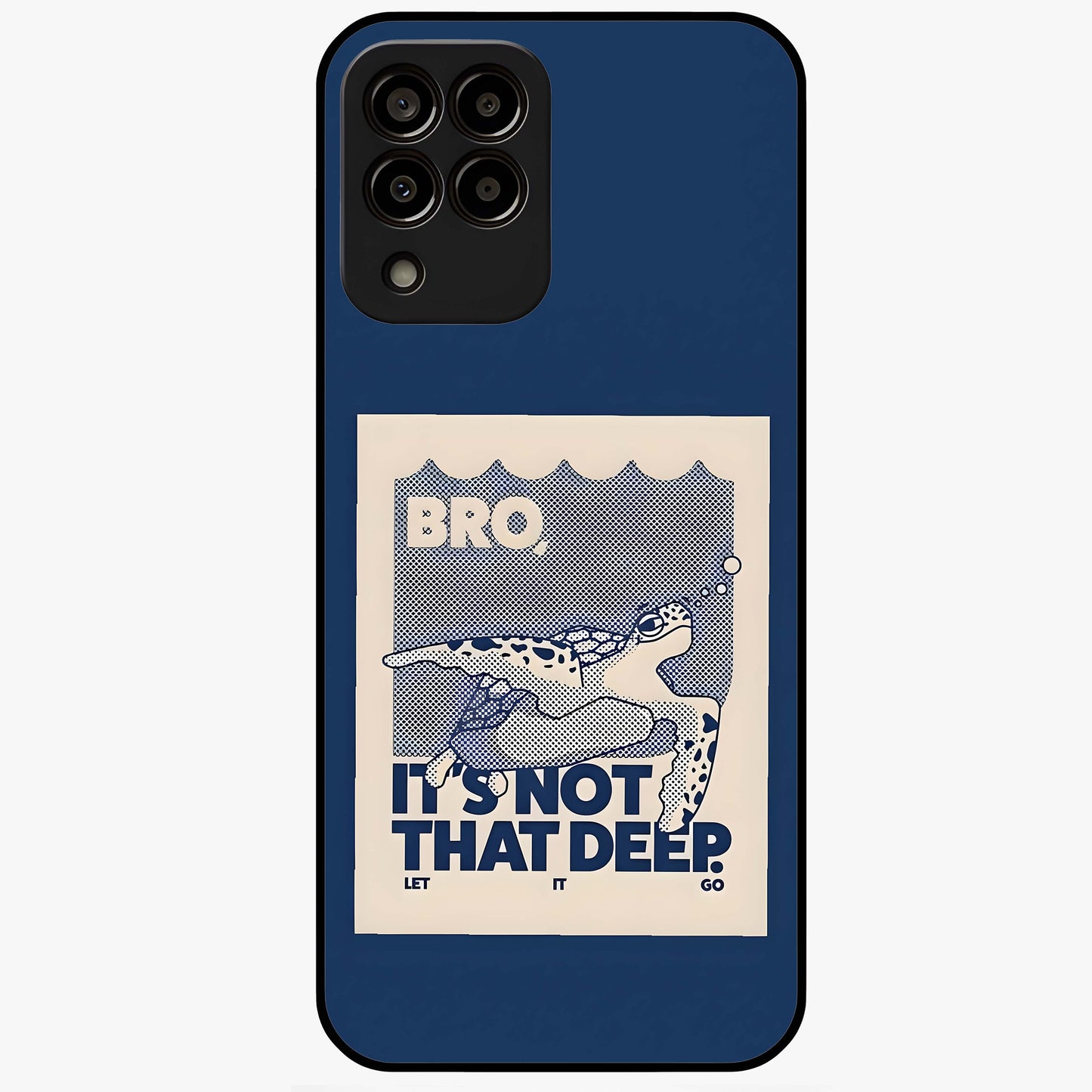 Worry Less Swim Glass Case showing flat back view with playful motivational artwork and glossy glass finish.