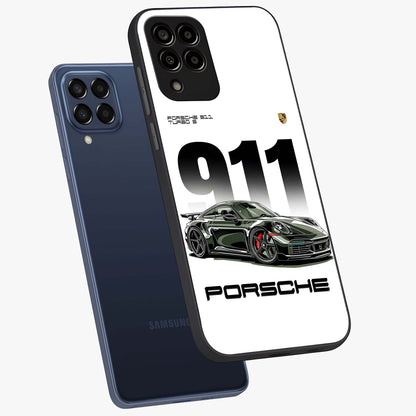 911 Turbo Dominance Glass Case displayed in premium angled mockup highlighting sporty car illustration and sleek glass surface.