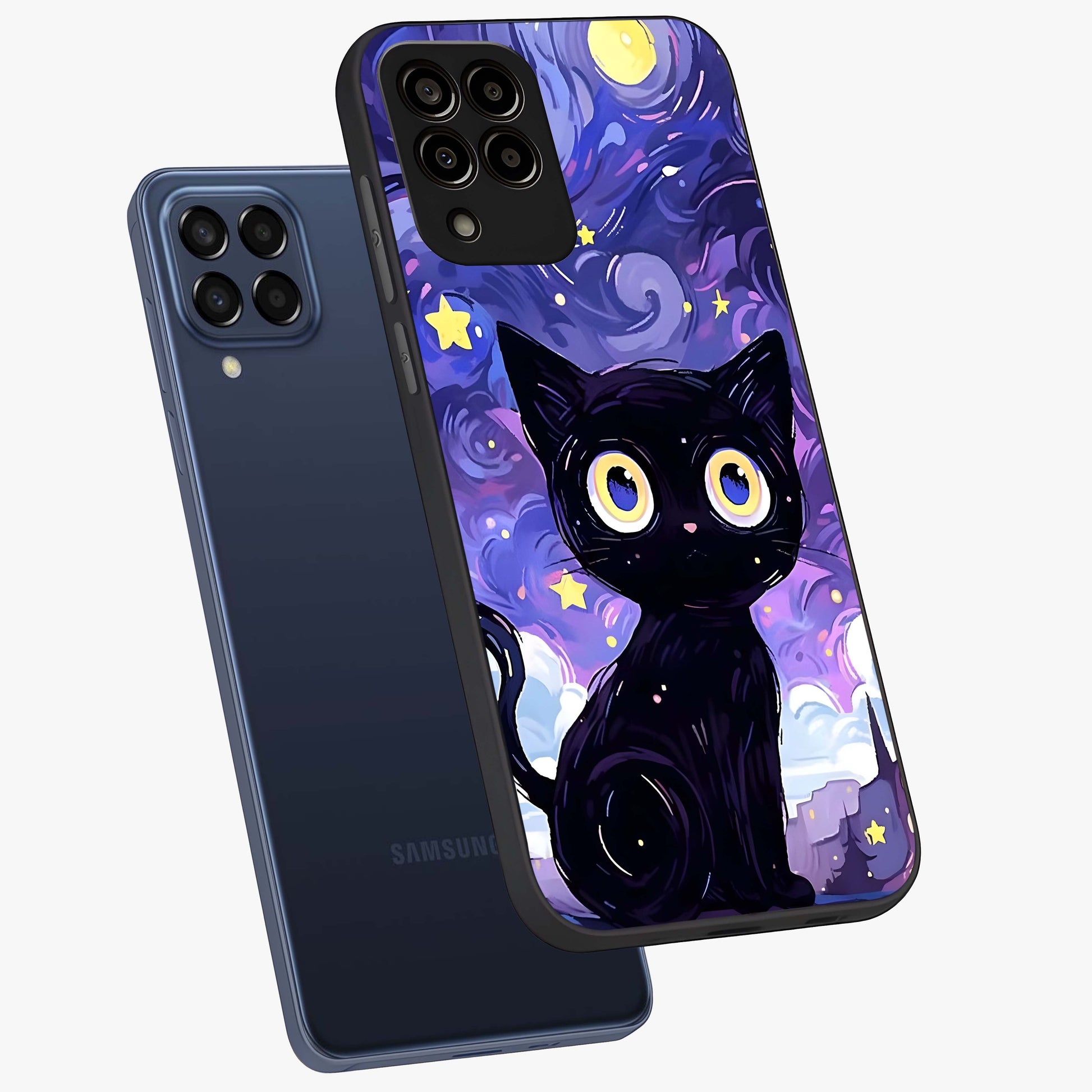 Abstract Cat Art Glass Case displayed in angled mockup highlighting modern abstract cat artwork and sleek glass surface.