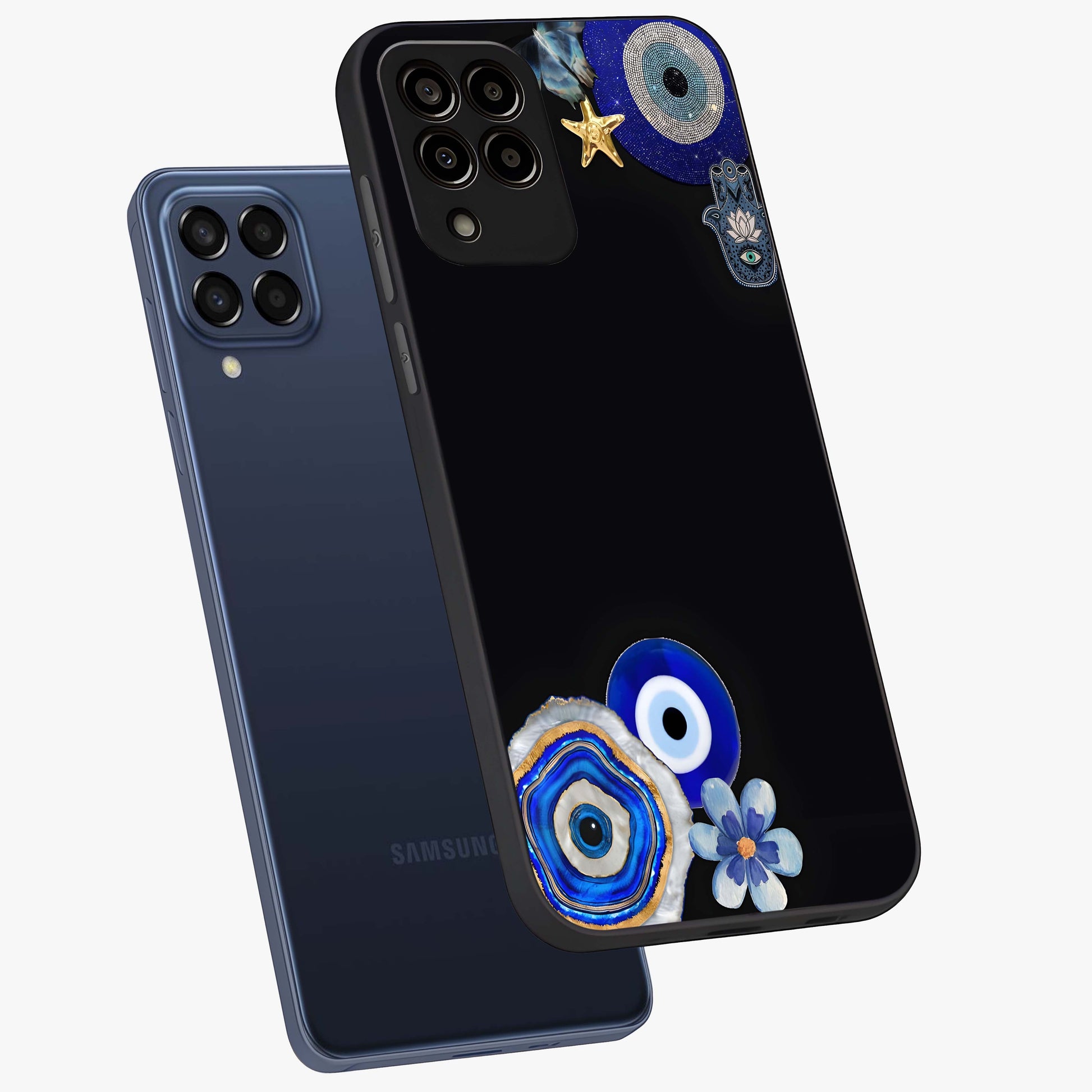 Aesthetic Blue Evil Eye Glass Case displayed in angled mockup highlighting blue evil eye symbol and spiritual aesthetic design.