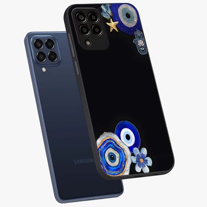 Aesthetic Blue Evil Eye Glass Case displayed in angled mockup highlighting blue evil eye symbol and spiritual aesthetic design.