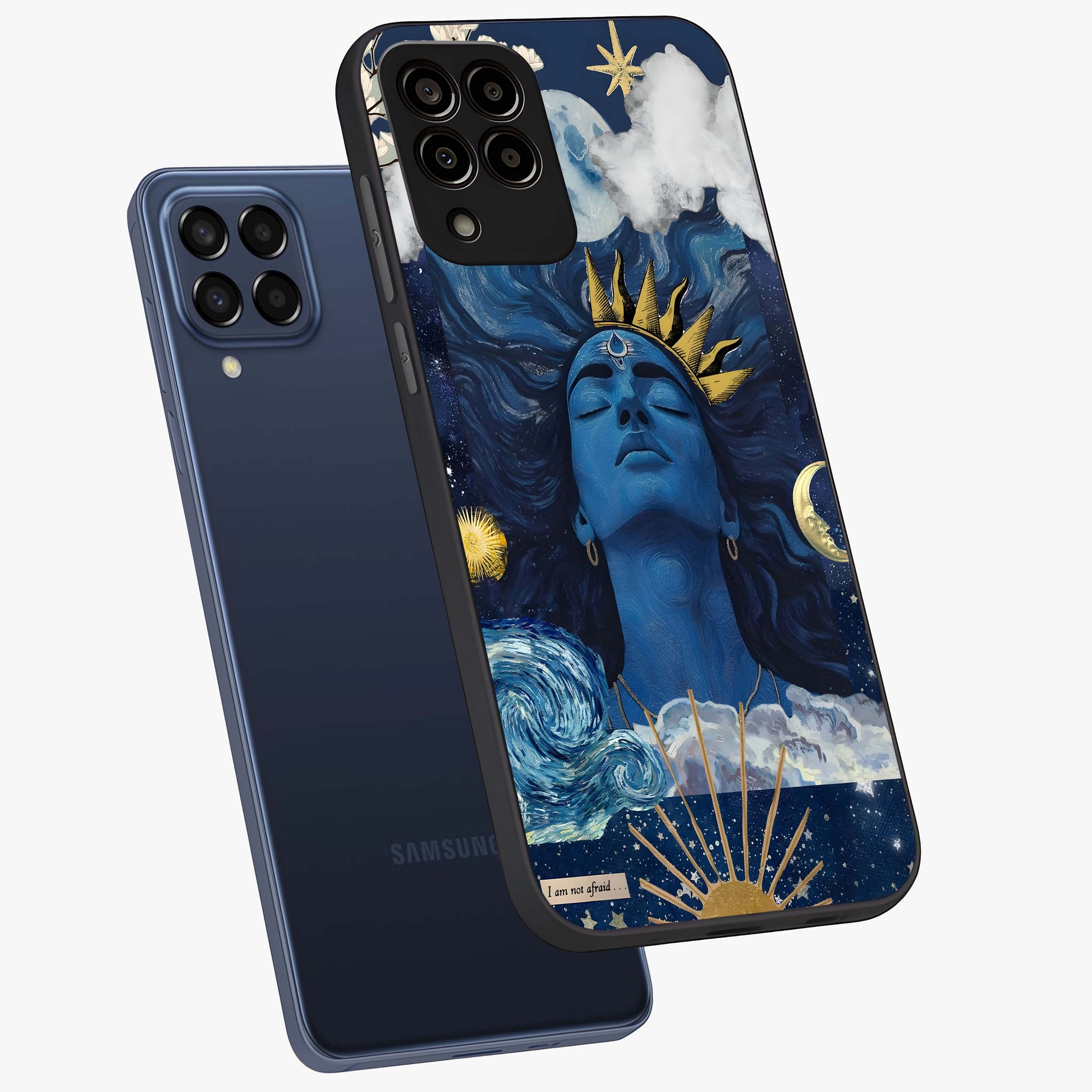 Aesthetic Lord Shiva Glass Case displayed in angled mockup highlighting spiritual Shiva illustration and sacred aesthetic design.
