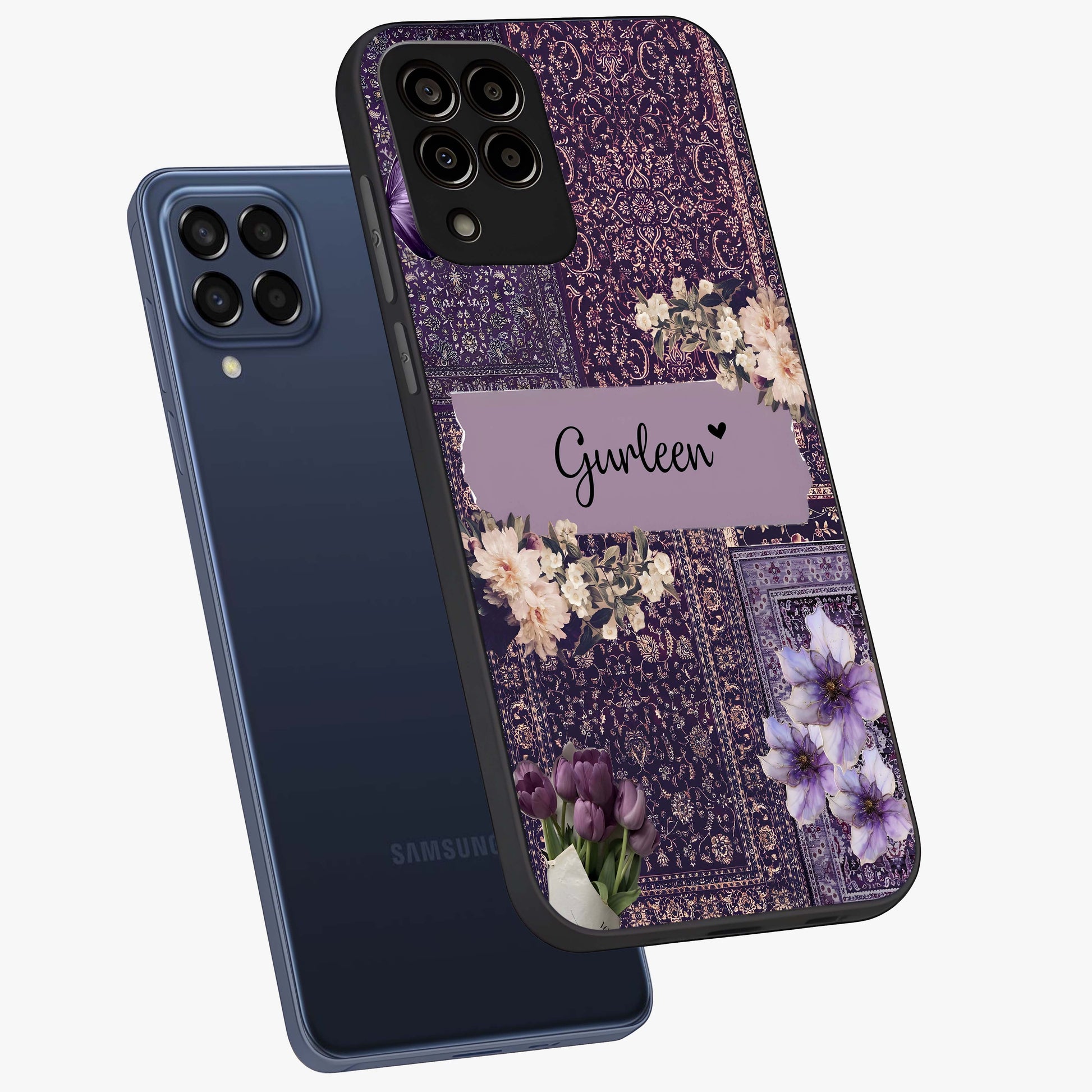 Antique Floral Whisper Custom Name Glass Case displayed in angled mockup highlighting elegant antique floral aesthetic.