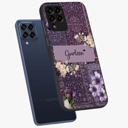 Antique Floral Whisper Custom Name Glass Case displayed in angled mockup highlighting elegant antique floral aesthetic.