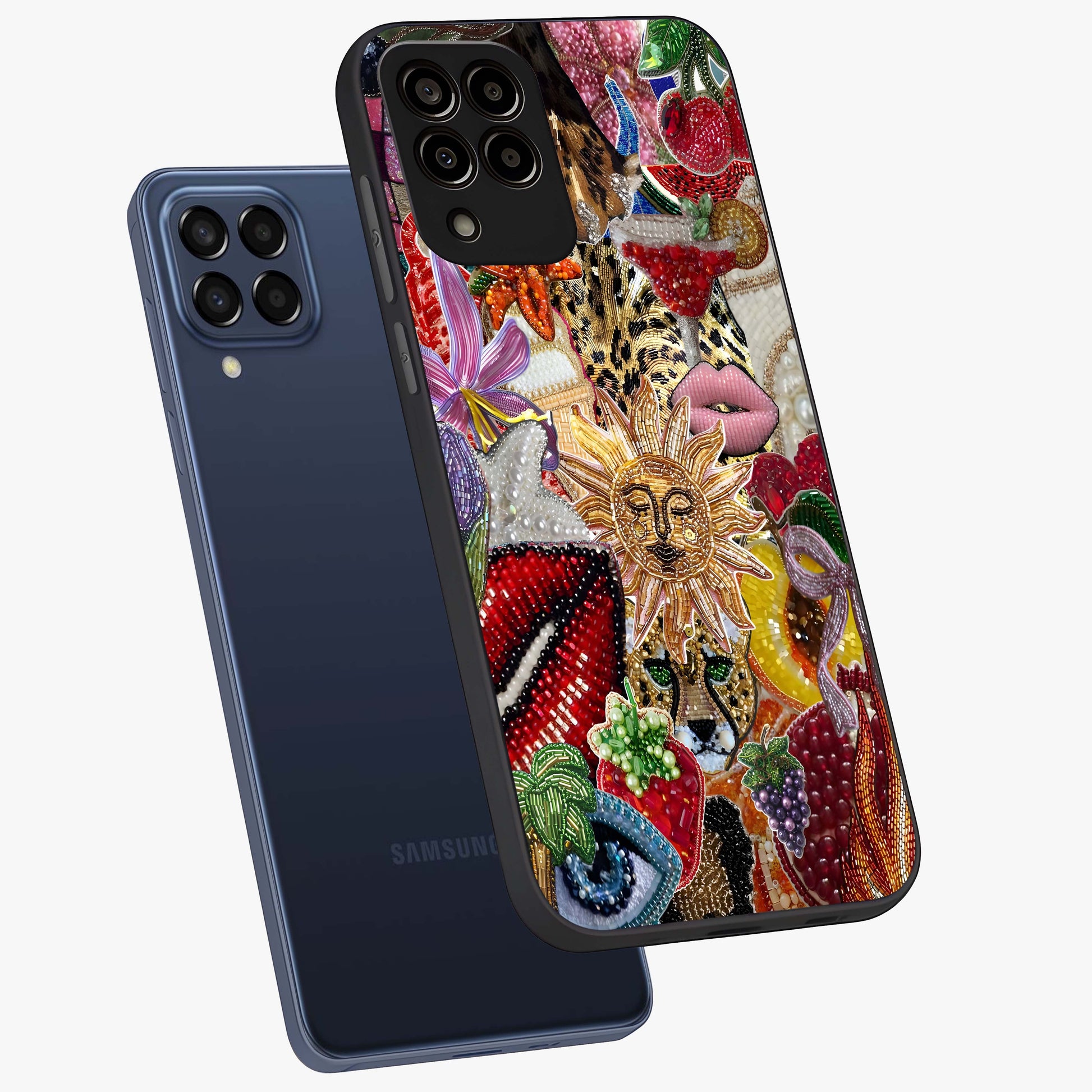 Beaded Fashion Jungle Glass Case displayed in angled mockup highlighting colorful fashion bead design and artistic pattern.