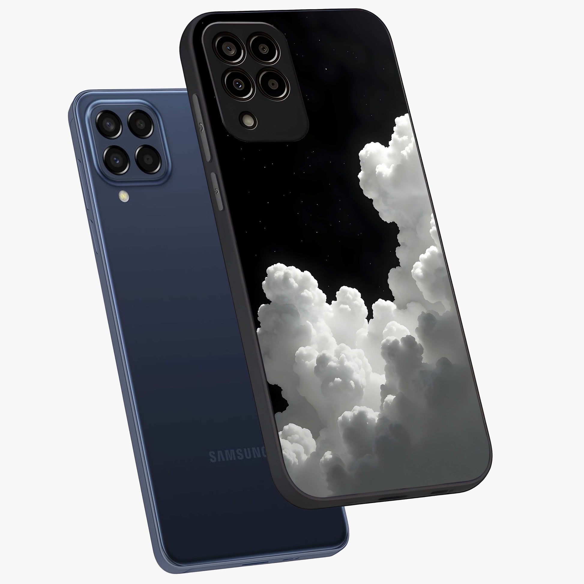 Black Background With White Cloud Glass Case displayed in angled mockup highlighting soft white cloud illustration and minimal design.