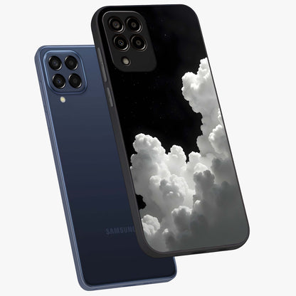Black Background With White Cloud Glass Case displayed in angled mockup highlighting soft white cloud illustration and minimal design.