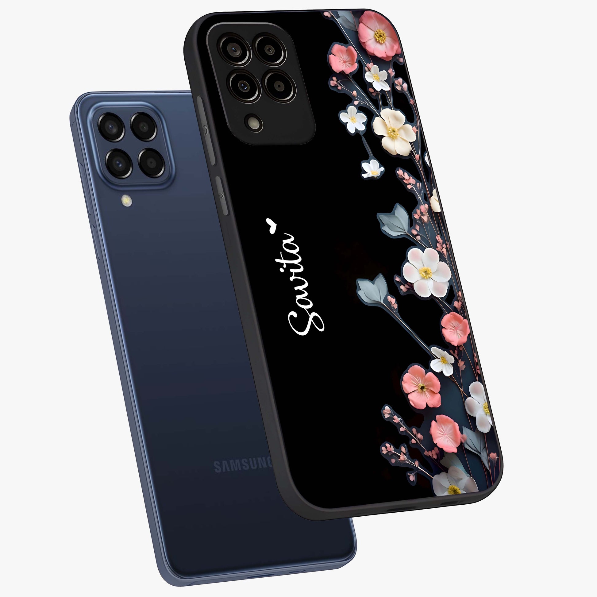 Black Elegance Floral Custom Name Glass Case displayed in angled mockup highlighting dark floral aesthetic and custom name feature.