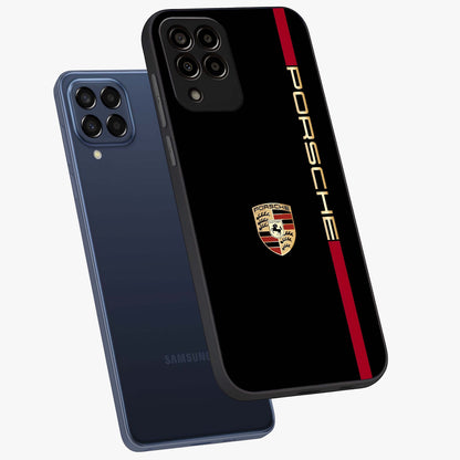 Black Minimal Porsche Glass Case displayed in angled mockup highlighting modern minimal car illustration and clean aesthetic design.