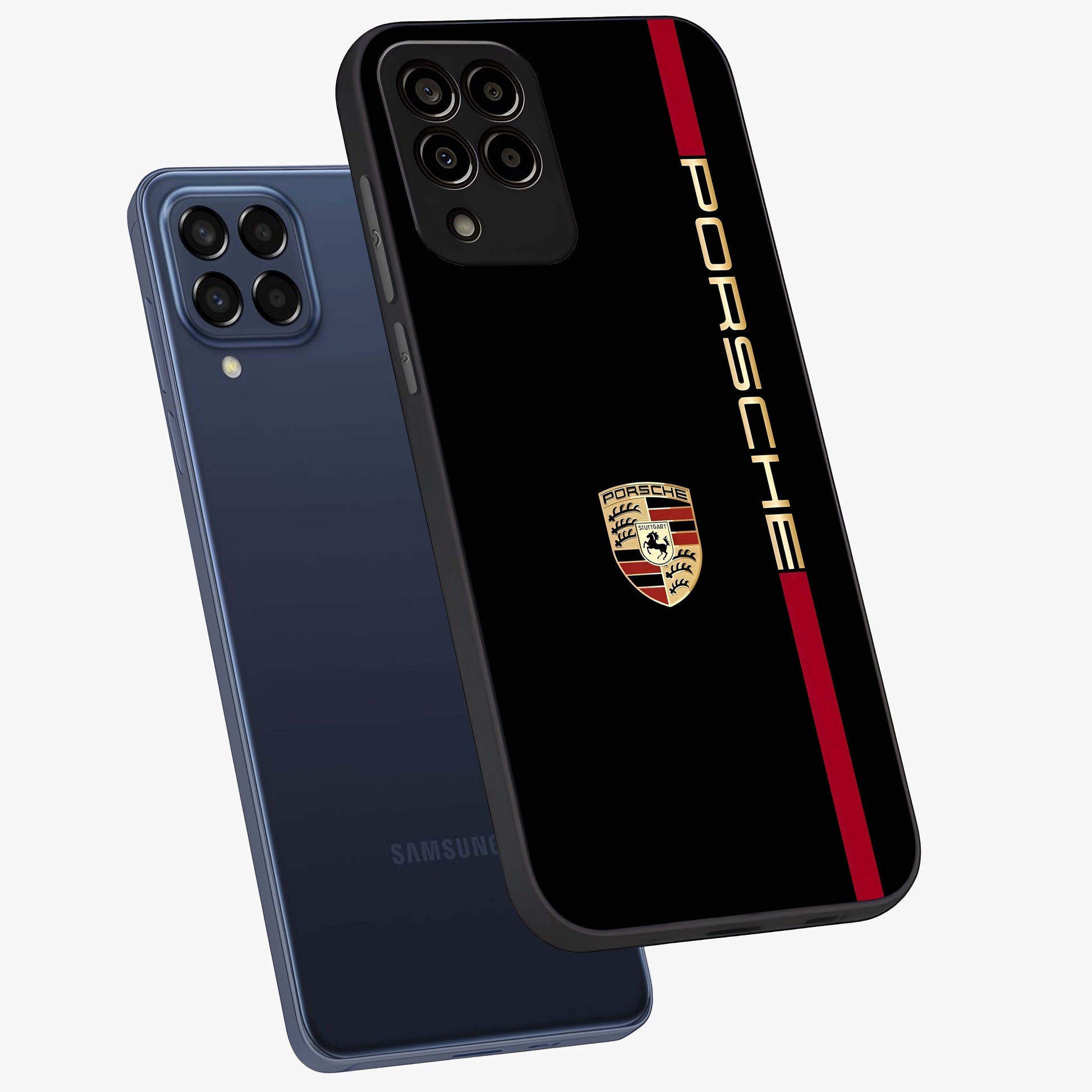 Black Minimal Porsche Glass Case displayed in angled mockup highlighting modern minimal car illustration and clean aesthetic design.