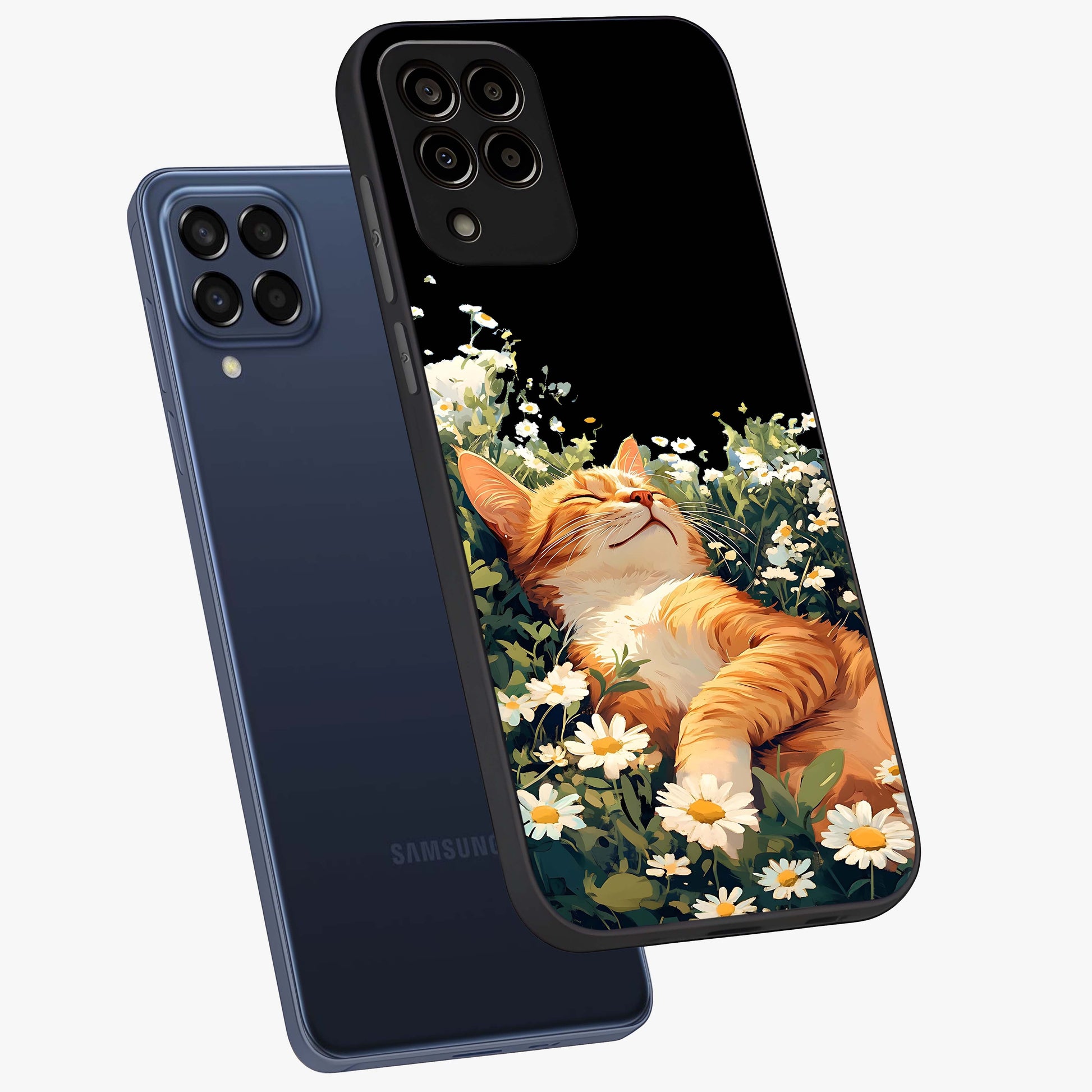 Blissful Bloom Cat Glass Case displayed in angled mockup highlighting playful feline illustration with soft floral aesthetic.