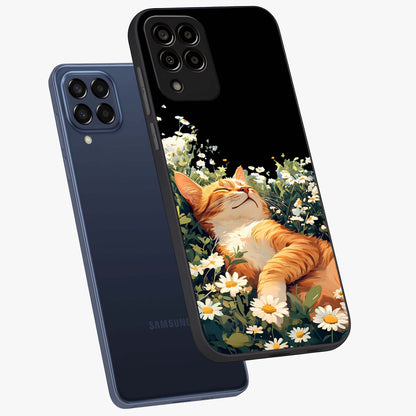 Blissful Bloom Cat Glass Case displayed in angled mockup highlighting playful feline illustration with soft floral aesthetic.
