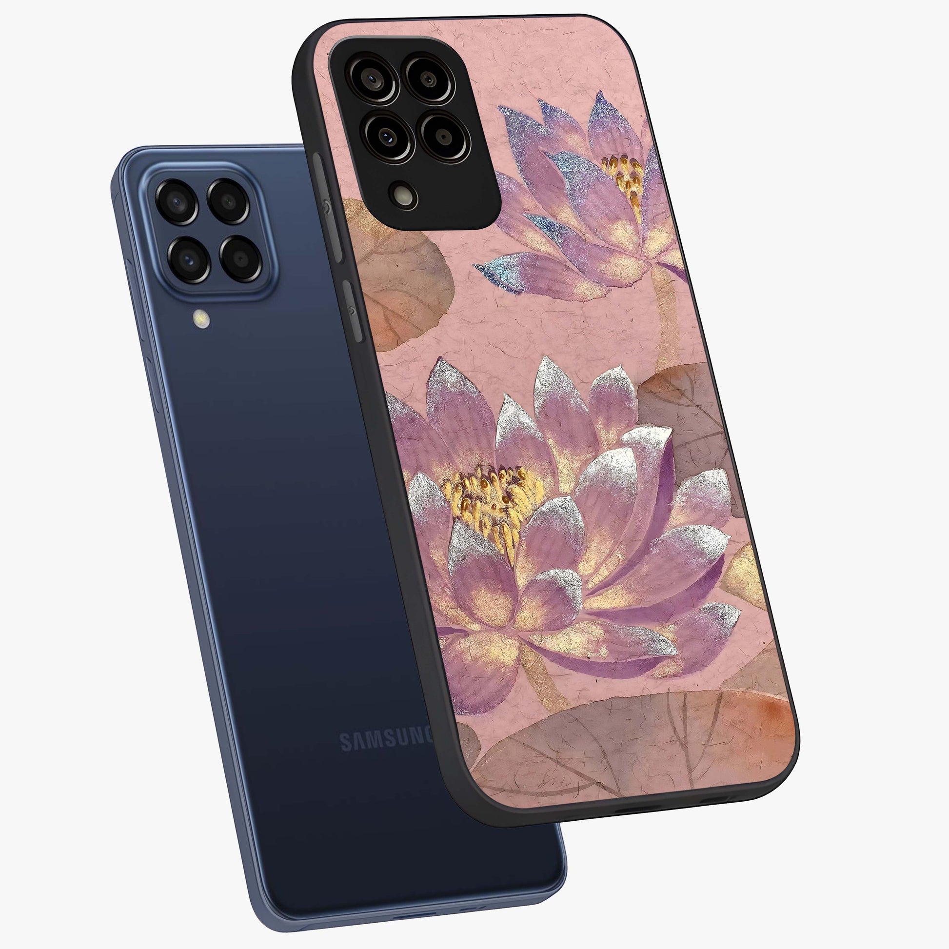 Blossom Mist Lotus Glass Case displayed in angled mockup highlighting delicate lotus illustration with calm aesthetic theme.