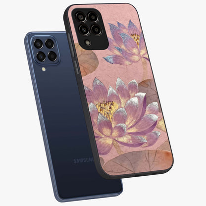 Blossom Mist Lotus Glass Case displayed in angled mockup highlighting delicate lotus illustration with calm aesthetic theme.