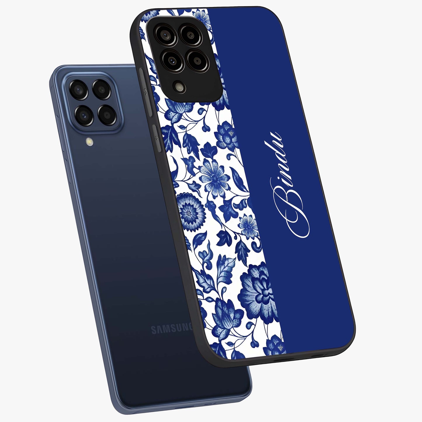 Blue Vintage Floral Pattern Glass Case displayed in angled mockup highlighting subtle bloom pattern with aesthetic pastel design.