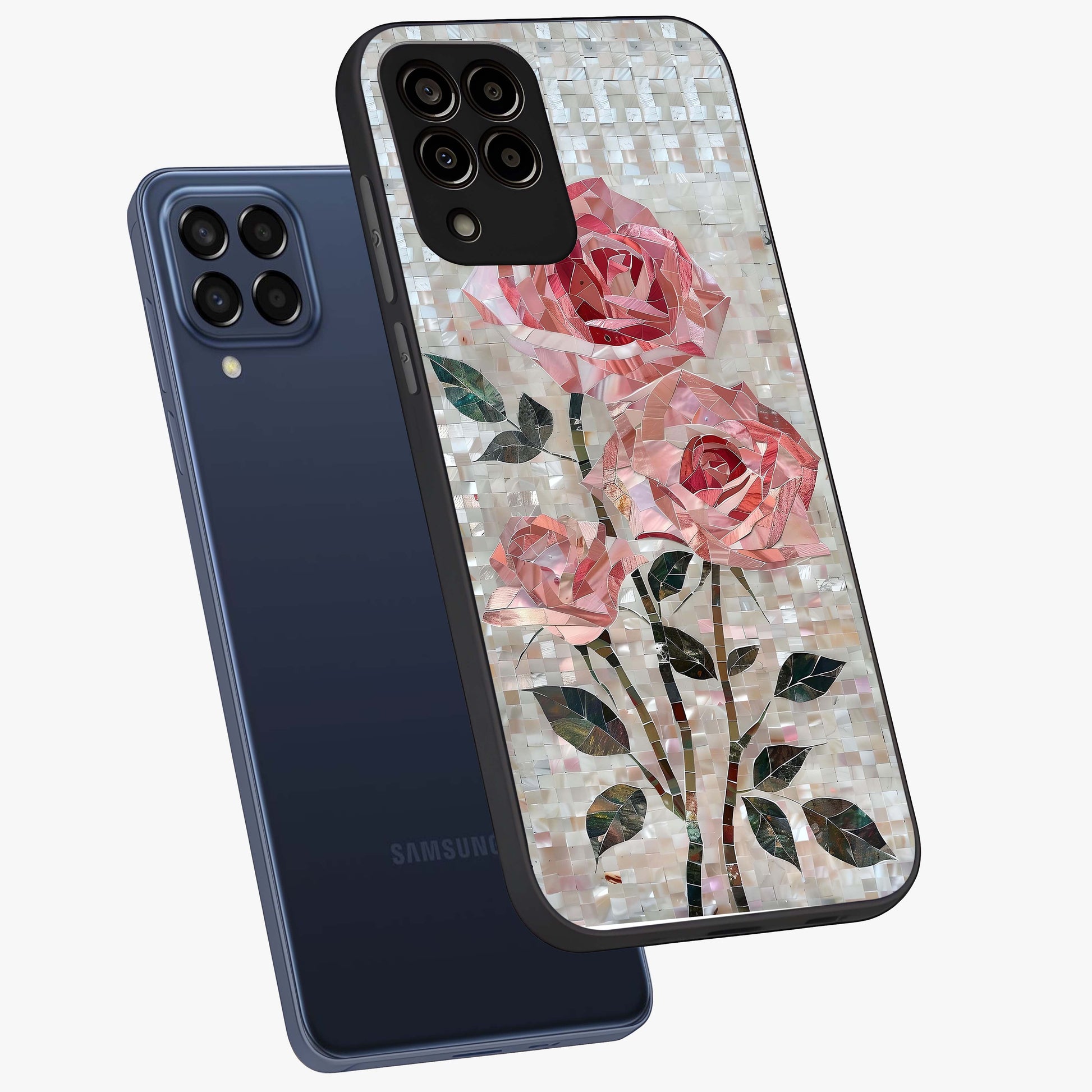 Blush Mosaic Bloom Glass Case displayed in angled mockup highlighting artistic mosaic flower pattern with aesthetic design.