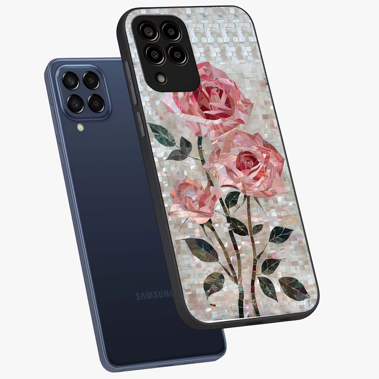 Blush Mosaic Bloom Glass Case displayed in angled mockup highlighting artistic mosaic flower pattern with aesthetic design.