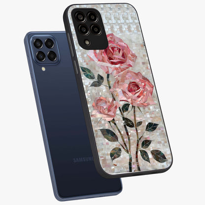 Blush Mosaic Bloom Glass Case displayed in angled mockup highlighting artistic mosaic flower pattern with aesthetic design.