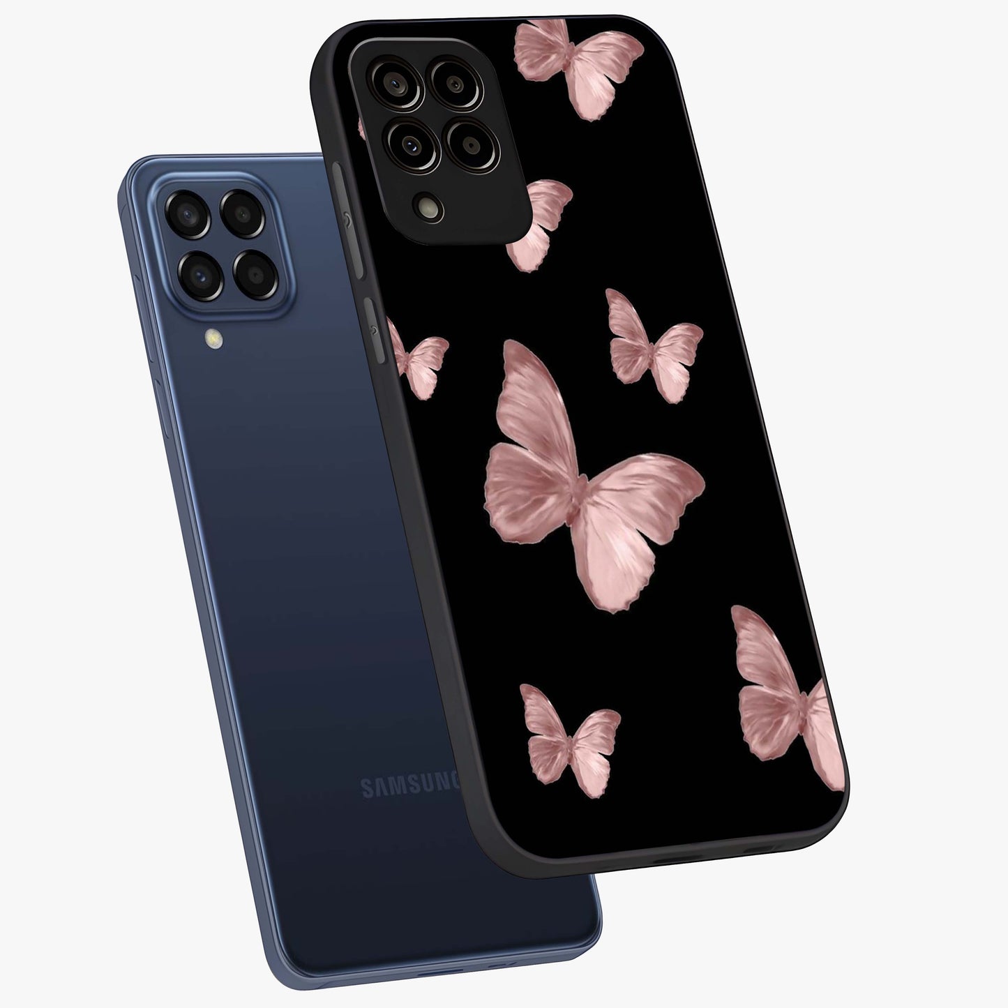 Butterfly Pattern Glass Case displayed in angled mockup highlighting delicate butterfly design and aesthetic pattern style.