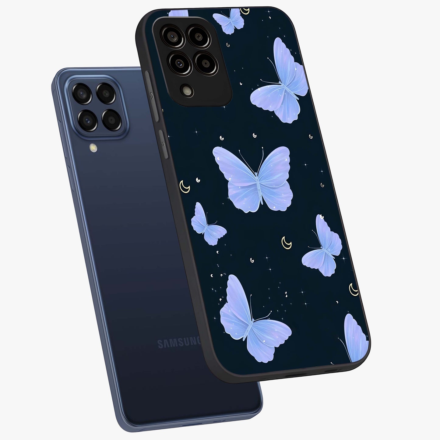 Butterfly With Stars Pattern Glass Case displayed in angled mockup highlighting dreamy butterfly and star design with aesthetic theme.