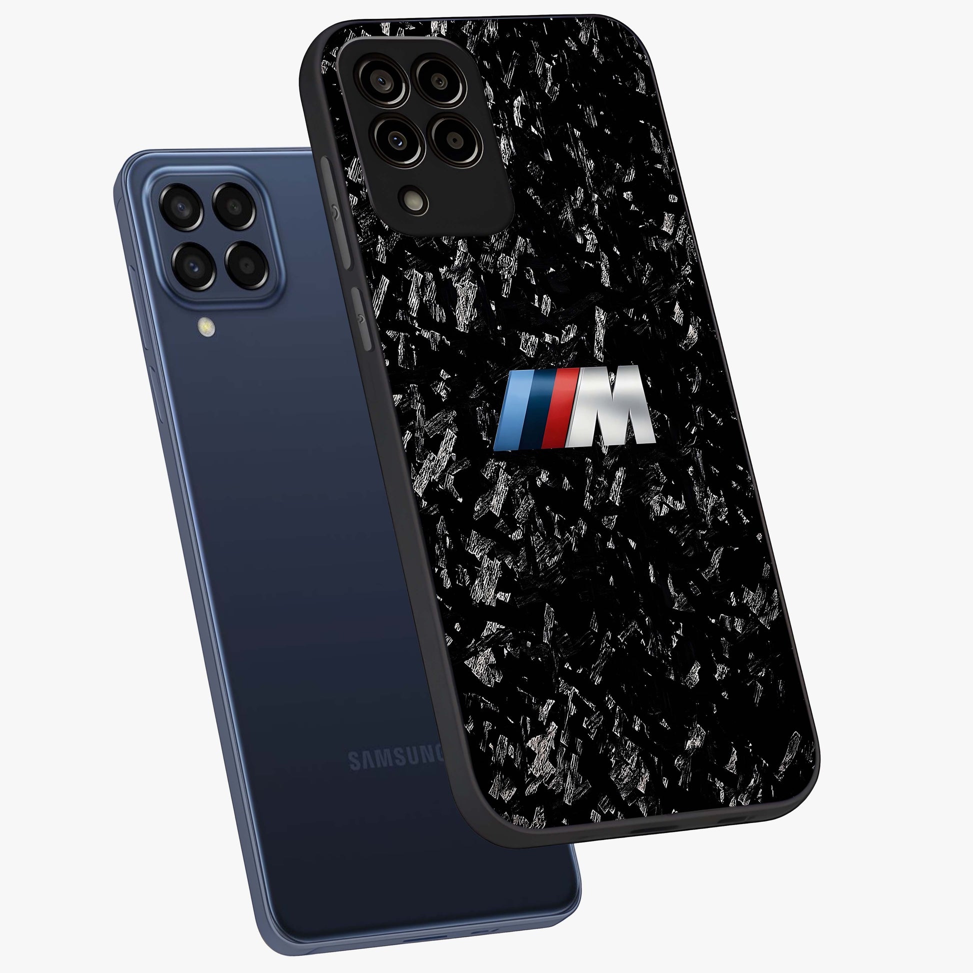 Carbon Speed Mark Glass Case displayed in angled mockup highlighting racing inspired carbon design and sleek aesthetic style.