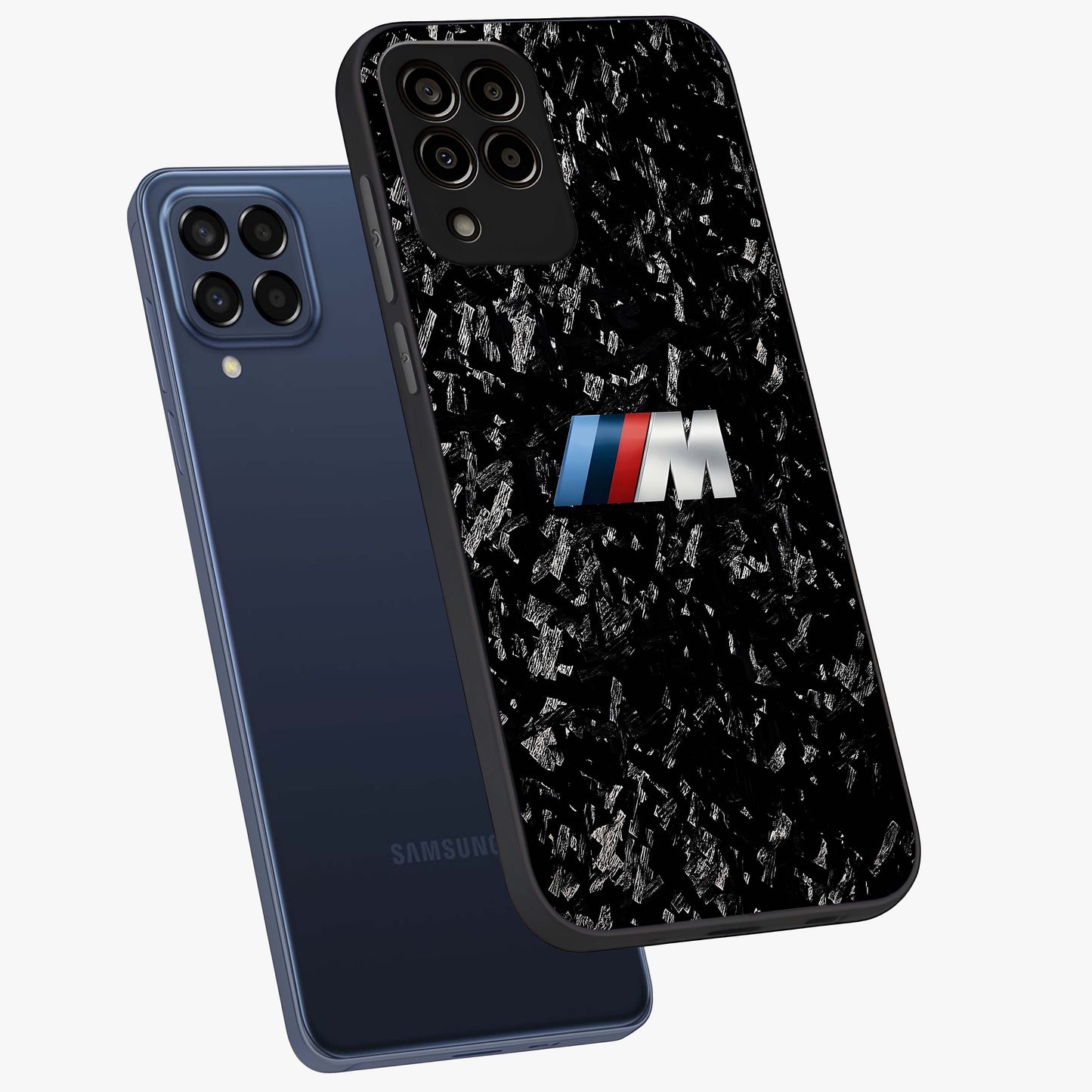Carbon Speed Mark Glass Case displayed in angled mockup highlighting racing inspired carbon design and sleek aesthetic style.