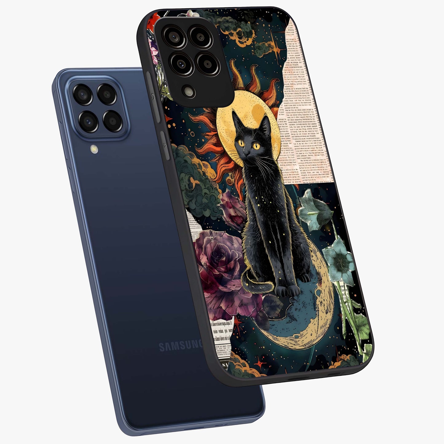 Celestial Black Cat Glass Case displayed in angled mockup highlighting cosmic black cat design with celestial aesthetic.