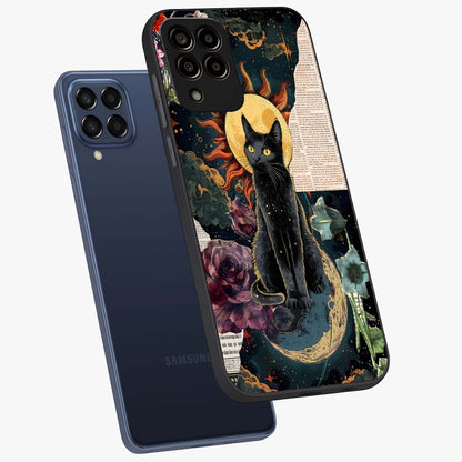 Celestial Black Cat Glass Case displayed in angled mockup highlighting cosmic black cat design with celestial aesthetic.