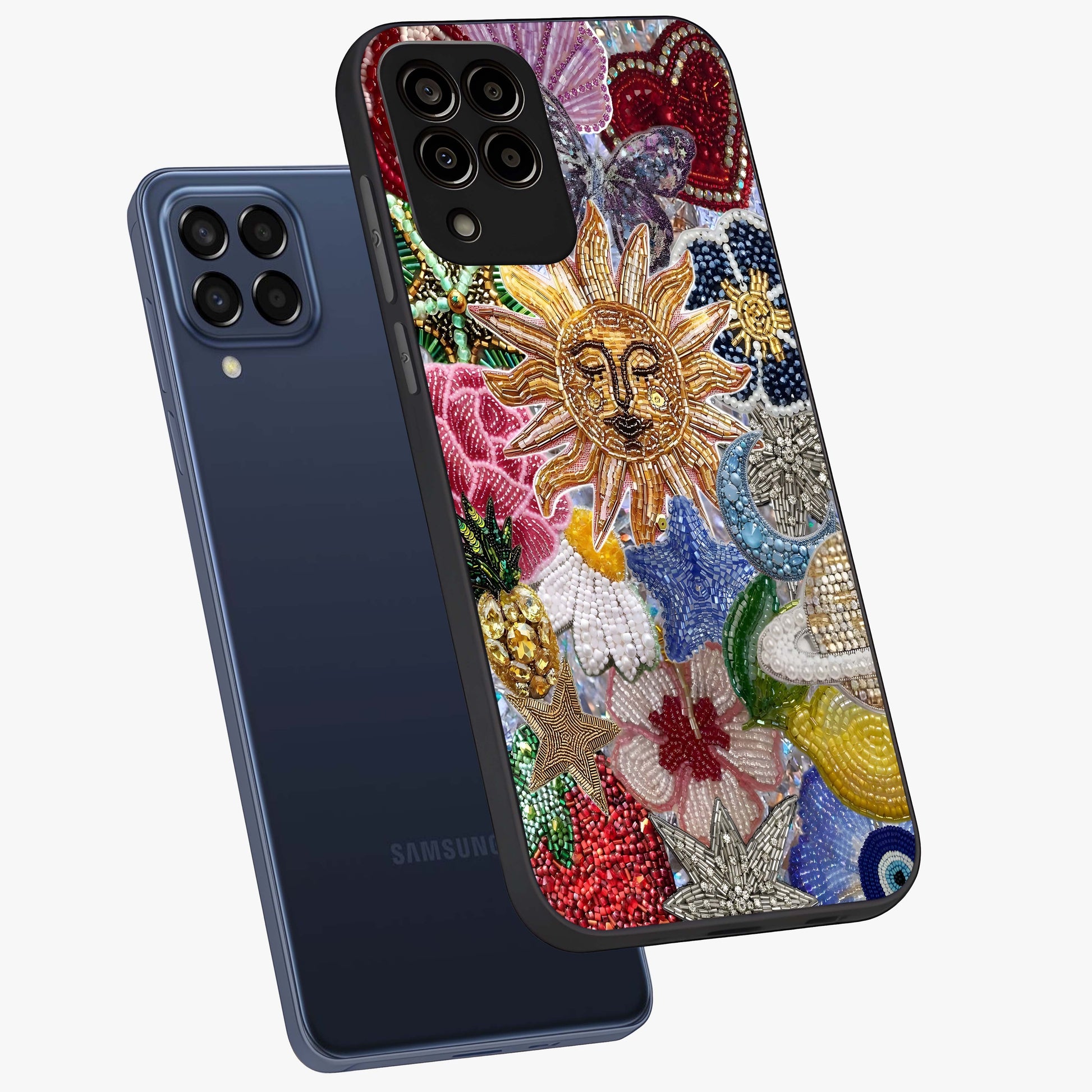 Celestial Floral and Playful Glass Case displayed in angled mockup highlighting playful floral design with dreamy celestial elements.