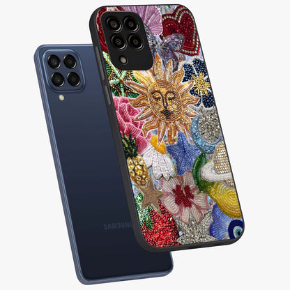 Celestial Floral and Playful Glass Case displayed in angled mockup highlighting playful floral design with dreamy celestial elements.