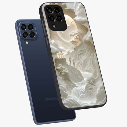 Celestial Origami Glass Case displayed in angled mockup highlighting geometric origami design with cosmic aesthetic theme.